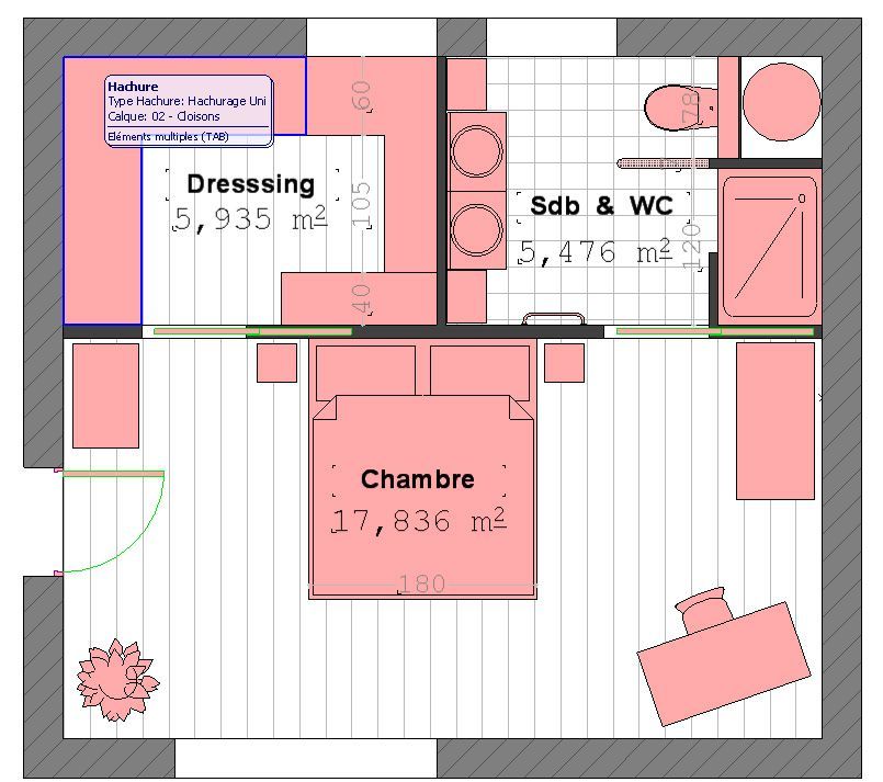 Plan suite parentale avec salle de bain et dressing