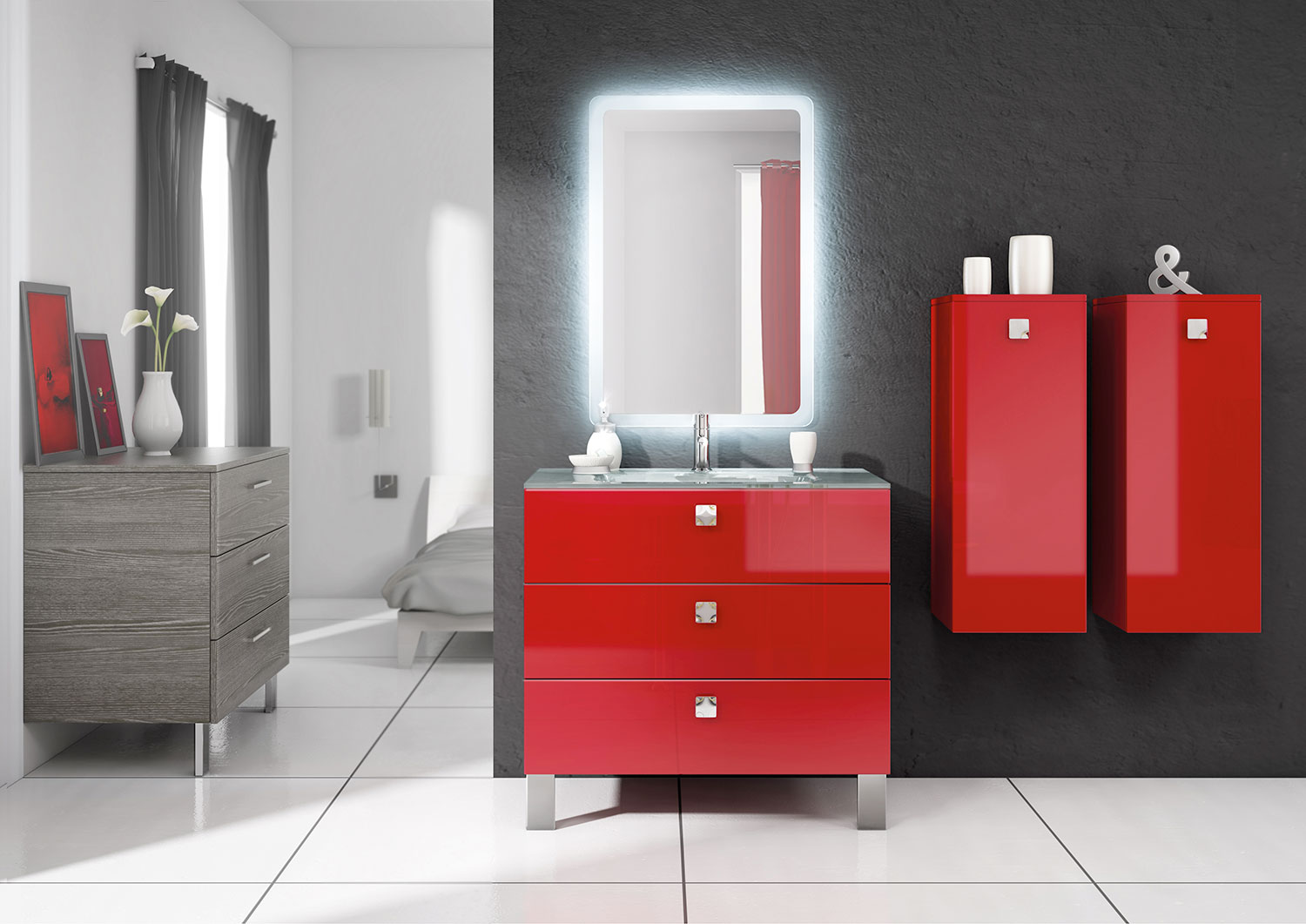 Salle de bain grise et rouge